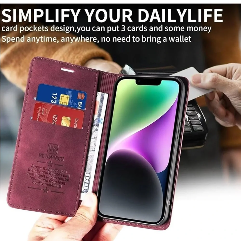 5for$10 Burgundy iPhone 15 Plus Leather Phone Case Card Holder Magnetic Case NWT